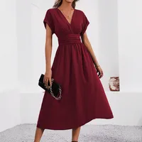 Women's Summer Solid Color Overlapping V-Neck Bat Sleeve Pleated Waist Long Elegant Dress Women's Long Dress main image 4