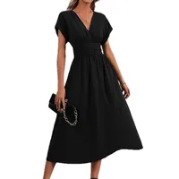 Women's Summer Solid Color Overlapping V-Neck Bat Sleeve Pleated Waist Long Elegant Dress Women's Long Dress main image 5