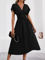 Women's Summer Solid Color Overlapping V-Neck Bat Sleeve Pleated Waist Long Elegant Dress Women's Long Dress sku image 4