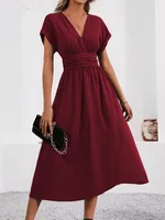 Women's Summer Solid Color Overlapping V-Neck Bat Sleeve Pleated Waist Long Elegant Dress Women's Long Dress sku image 9