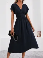 Women's Summer Solid Color Overlapping V-Neck Bat Sleeve Pleated Waist Long Elegant Dress Women's Long Dress sku image 11