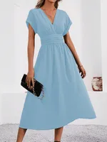 Women's Summer Solid Color Overlapping V-Neck Bat Sleeve Pleated Waist Long Elegant Dress Women's Long Dress sku image 16