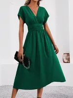 Women's Summer Solid Color Overlapping V-Neck Bat Sleeve Pleated Waist Long Elegant Dress Women's Long Dress sku image 23