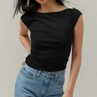 Designed   Spring And Summer New Fashion Trend Solid Color Shoulder T-shirt Bow Decoration Slim Top main image 4