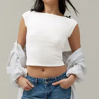 Designed   Spring And Summer New Fashion Trend Solid Color Shoulder T-shirt Bow Decoration Slim Top main image 3