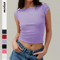 Designed   Spring And Summer New Fashion Trend Solid Color Shoulder T-shirt Bow Decoration Slim Top main image 1