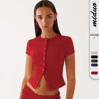 Spring And Summer New Thread Solid Color Round Neck Knitted Short-sleeved Cardigan High-end T-shirt For Women main image 1
