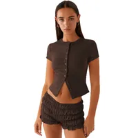 Spring And Summer New Thread Solid Color Round Neck Knitted Short-sleeved Cardigan High-end T-shirt For Women main image 5