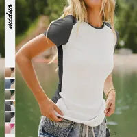 Summer New Foreign Trade Women's Solid Color Contrast Color Round Neck Thread T-shirt Design Sense Top Short Sleeve main image 1