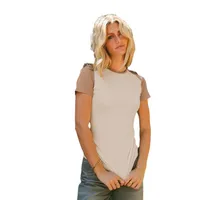 Summer New Foreign Trade Women's Solid Color Contrast Color Round Neck Thread T-shirt Design Sense Top Short Sleeve main image 5