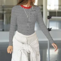 Hot Hot Early Autumn Contrast Striped Slim-fit Slim-fit Slim-fit Base Shirt Rib Long Sleeve Warm Casual Style Top main image 3