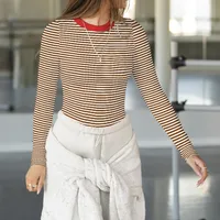 Hot Hot Early Autumn Contrast Striped Slim-fit Slim-fit Slim-fit Base Shirt Rib Long Sleeve Warm Casual Style Top main image 4