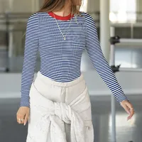 Hot Hot Early Autumn Contrast Striped Slim-fit Slim-fit Slim-fit Base Shirt Rib Long Sleeve Warm Casual Style Top sku image 1