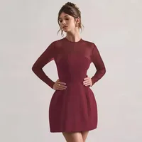 Autumn And Winter Foreign Trade New Women's Fashion Mesh Stitching Waist Zipper Hollow Solid Color Dress Evening Dress main image 4