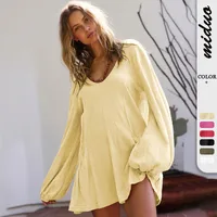 Foreign Trade All-match Explosions Women's U-collar Lantern Sleeve Pocket Solid Color Loose Casual Dress Long-sleeved Skirt main image 1