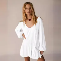 Foreign Trade All-match Explosions Women's U-collar Lantern Sleeve Pocket Solid Color Loose Casual Dress Long-sleeved Skirt main image 2