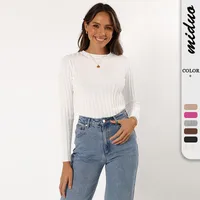 Europe And The United States  New Round Neck Knitted Thread Slim Solid Color Simple Commuter Wind Long Sleeve Top T-shirt main image 1