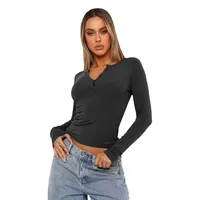 Y2K Clothes Women's T-shirt  Summer New Button Collar Long Sleeve Sweater  Slim-fit Shoulder Top Spice Girl main image 5