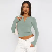 Y2K Clothes Women's T-shirt  Summer New Button Collar Long Sleeve Sweater  Slim-fit Shoulder Top Spice Girl sku image 4
