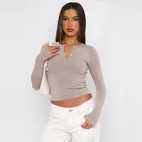 Y2K Clothes Women's T-shirt  Summer New Button Collar Long Sleeve Sweater  Slim-fit Shoulder Top Spice Girl sku image 5