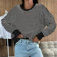 Designed Street Trendy Knitted Fashion  Best Selling Long Sleeve Round Neck Stripe Contrast Color Sweater American Top Women main image 2