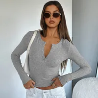 Y2K Clothes Women's T-shirt  Summer New Button Collar Long Sleeve Sweater  Slim-fit Shoulder Top Spice Girl sku image 12