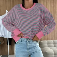 Designed Street Trendy Knitted Fashion  Best Selling Long Sleeve Round Neck Stripe Contrast Color Sweater American Top Women main image 3