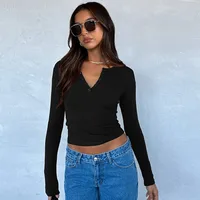 Y2K Clothes Women's T-shirt  Summer New Button Collar Long Sleeve Sweater  Slim-fit Shoulder Top Spice Girl sku image 13