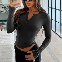 Y2K Clothes Women's T-shirt  Summer New Button Collar Long Sleeve Sweater  Slim-fit Shoulder Top Spice Girl sku image 20