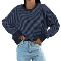 Designed Street Trendy Knitted Fashion  Best Selling Long Sleeve Round Neck Stripe Contrast Color Sweater American Top Women main image 5