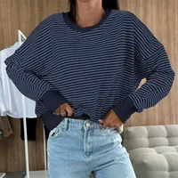 Designed Street Trendy Knitted Fashion  Best Selling Long Sleeve Round Neck Stripe Contrast Color Sweater American Top Women sku image 18