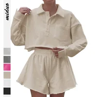 New  POLO Collar Button Pocket Casual Top With Loose Waist Shorts Suit Two-piece Set For Women main image 1