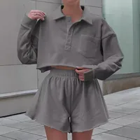New  POLO Collar Button Pocket Casual Top With Loose Waist Shorts Suit Two-piece Set For Women main image 2