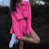 New  POLO Collar Button Pocket Casual Top With Loose Waist Shorts Suit Two-piece Set For Women main image 3