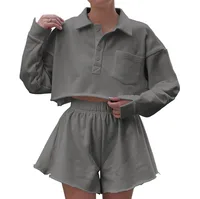New  POLO Collar Button Pocket Casual Top With Loose Waist Shorts Suit Two-piece Set For Women sku image 18