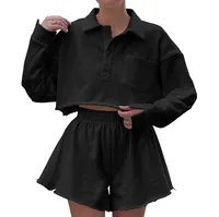 New  POLO Collar Button Pocket Casual Top With Loose Waist Shorts Suit Two-piece Set For Women sku image 2