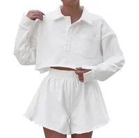 New  POLO Collar Button Pocket Casual Top With Loose Waist Shorts Suit Two-piece Set For Women sku image 8