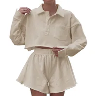 New  POLO Collar Button Pocket Casual Top With Loose Waist Shorts Suit Two-piece Set For Women sku image 9