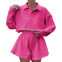 New  POLO Collar Button Pocket Casual Top With Loose Waist Shorts Suit Two-piece Set For Women sku image 13