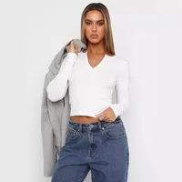 Autumn And Winter Y2K Solid Color Slim All-match Button Collar Long Sleeve Short Hot Girl T-shirt  Style Fashion Inside main image 2