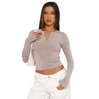Autumn And Winter Y2K Solid Color Slim All-match Button Collar Long Sleeve Short Hot Girl T-shirt  Style Fashion Inside main image 5
