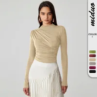 Foreign Trade Wholesale Semi-high Collar Long Sleeve Slim Suede Pleated Solid Color Interior Temperament Commuter Joker T-shirt Women main image 1