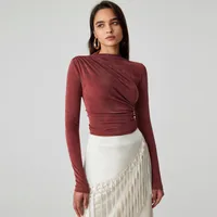 Foreign Trade Wholesale Semi-high Collar Long Sleeve Slim Suede Pleated Solid Color Interior Temperament Commuter Joker T-shirt Women main image 2