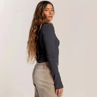 Foreign Trade Explosions Long-sleeved Slim-fit Slim Threaded Top Button Solid Color Simple Basic High Quality Women's Clothing main image 2