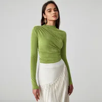 Foreign Trade Wholesale Semi-high Collar Long Sleeve Slim Suede Pleated Solid Color Interior Temperament Commuter Joker T-shirt Women main image 3