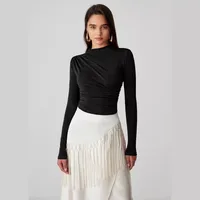 Foreign Trade Wholesale Semi-high Collar Long Sleeve Slim Suede Pleated Solid Color Interior Temperament Commuter Joker T-shirt Women main image 4