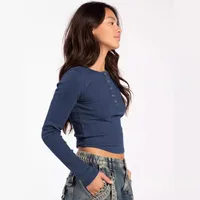 Foreign Trade Explosions Long-sleeved Slim-fit Slim Threaded Top Button Solid Color Simple Basic High Quality Women's Clothing main image 4