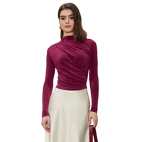 Foreign Trade Wholesale Semi-high Collar Long Sleeve Slim Suede Pleated Solid Color Interior Temperament Commuter Joker T-shirt Women main image 5