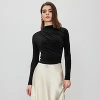 Foreign Trade Wholesale Semi-high Collar Long Sleeve Slim Suede Pleated Solid Color Interior Temperament Commuter Joker T-shirt Women sku image 1