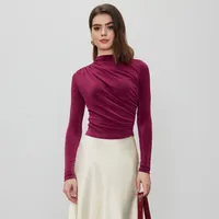 Foreign Trade Wholesale Semi-high Collar Long Sleeve Slim Suede Pleated Solid Color Interior Temperament Commuter Joker T-shirt Women sku image 5